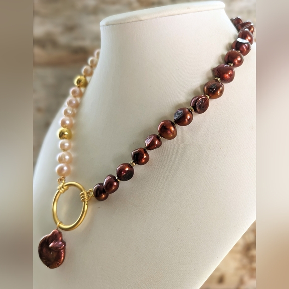 Natural Copper Iron Red Pearl And Peach Pearls In Assymetrical Necklace - Picture 2 of 9